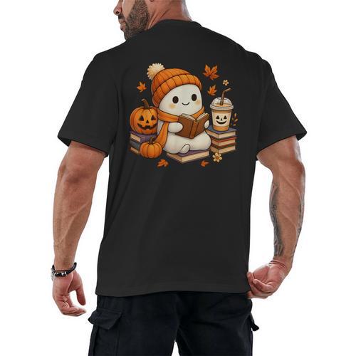 Halloween Ghost Reading Book Lovers Coffee Girl Women Men's Back Print T-Shirt - Bookorys