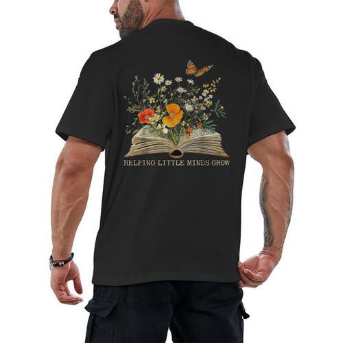 Helping Little Minds Grow Floral Book Education SPED Teacher Men's Back Print T-Shirt - Bookorys DE