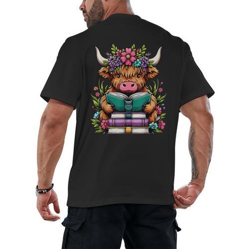 Highland Cow Book Floral Bookworm Men's Back Print T-Shirt - Bookorys DE