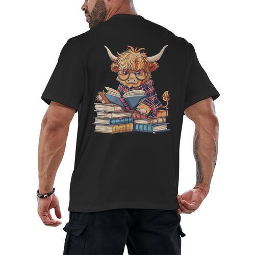 Highland Cow Reading Book Librarian Library Men's Back Print T-Shirt - Bookorys UK