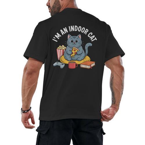 I'm An Indoor Cat Introvert Pizza Popcorn Book Gamer Cat Men's Back Print T-Shirt - Bookorys AU