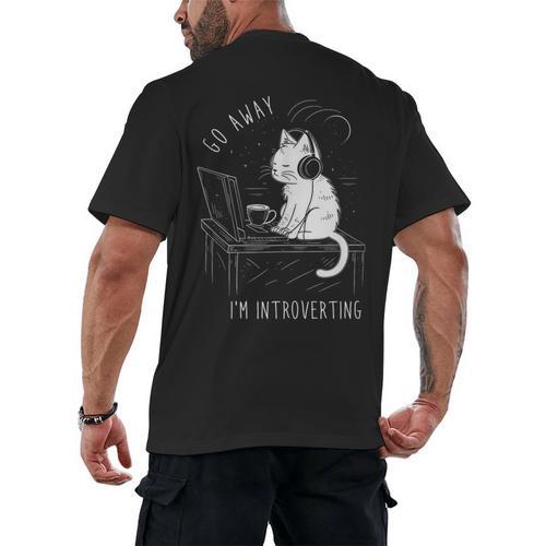 Introvert Cat With Coffee On Computer Antisocial Emo Goth Men's Back Print T-Shirt - Raresse