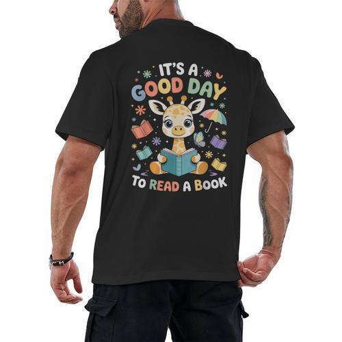 It's a Good Day To Read a Book Cute Giraffe Men's Back Print T-Shirt - Bookorys UK