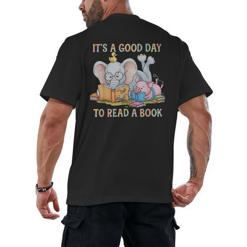 Its A Good Day To Read A Book Cute Pig & Elephant Adventure Men's Back Print T-Shirt - Bookorys