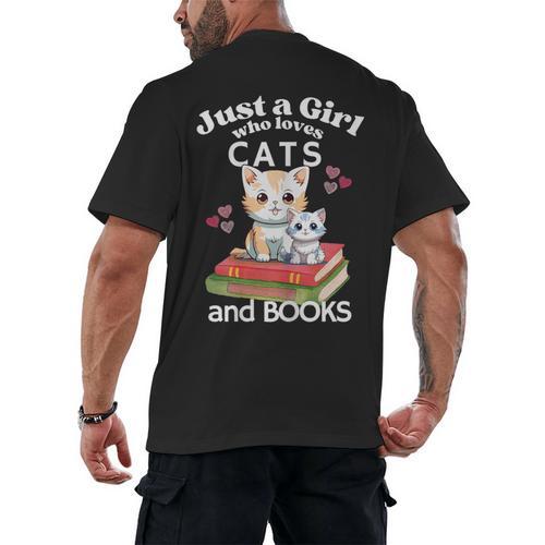 Just A Girl That Loves Cats And Books Cute Cat & Bookwork Men's Back Print T-Shirt - Bookorys AU