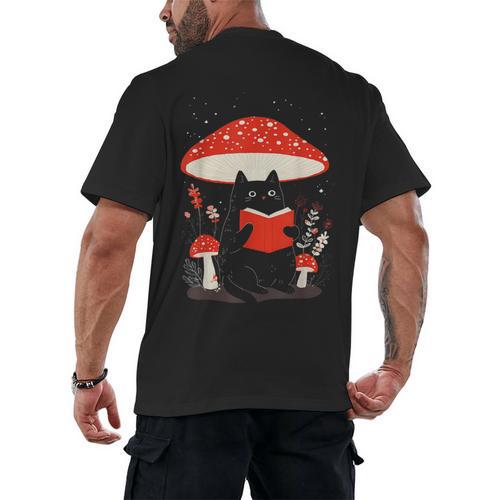 Kawaii Cottagecore Mushroom Cat Reading a Book Men's Back Print T-Shirt - Bookorys