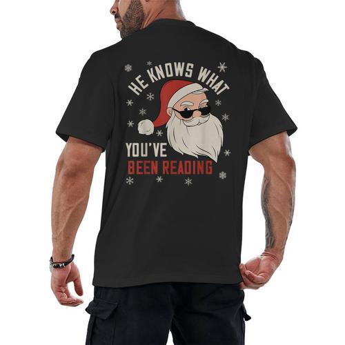 He Knows What You'Ve Been Reading Book Lover Women Santa Men's Back Print T-Shirt - Bookorys CA