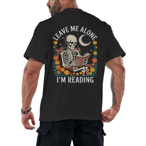 Leave Me Alone Skeleton Reading Book Floral Moon Librarian Men's Back Print T-Shirt - Bookorys AU
