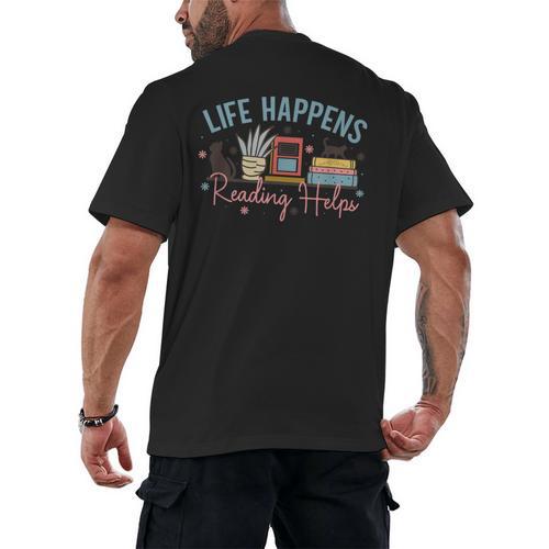 Life Happens Reading Helps Loves To Read Books Cats Men's Back Print T-Shirt - Bookorys CA