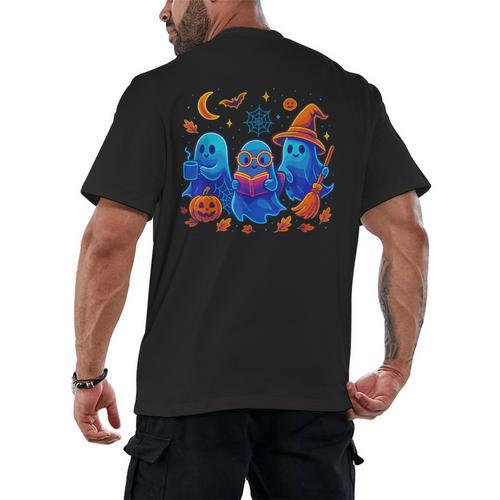 Little Ghost Coffee Tee Spooky Season Ghost Reading Book Men's Back Print T-Shirt - Bookorys