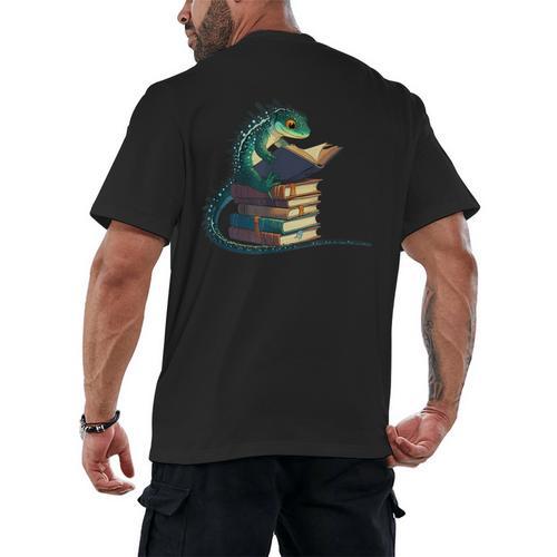 Lizard Reading Book Librarian Bookworm Reader Read Men's Back Print T-Shirt - Bookorys AU