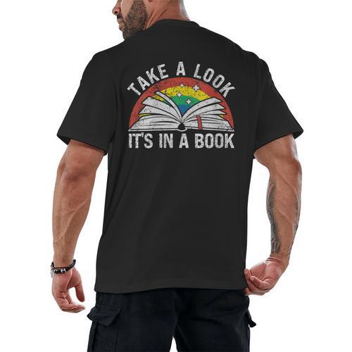 Take a Look It's In a Book Reading Vintage Retro Rainbow Men's Back Print T-Shirt - Bookorys CA