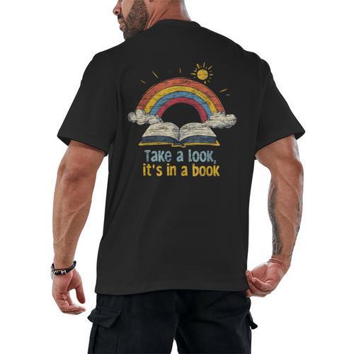 Take a Look It's In a Book Vintage Reading Teacher Rainbow Men's Back Print T-Shirt - Bookorys CA