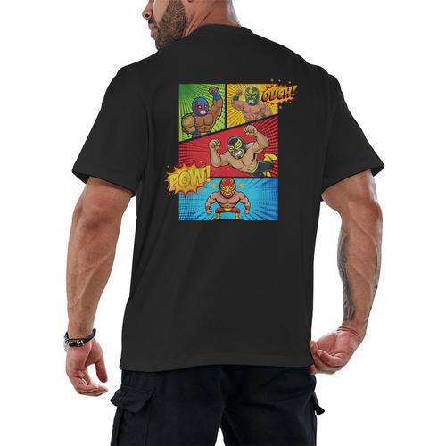 Lucha Libre Comic Book Mexican Wrestling Cartoon Wrestler Men's Back Print T-Shirt - Bookorys