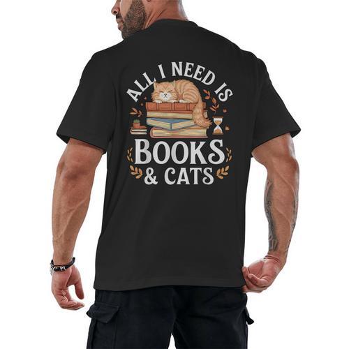 All I Need Is Books And Cats Reading Men's Back Print T-Shirt - Bookorys AU