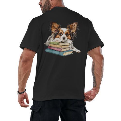 Papillon Books Reading Dog Breed Graphic For Men Women Kids Men's Back Print T-Shirt - Bookorys DE