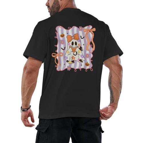 Preppy Coquette Bow Ghost Reading Books Halloween Book Men's Back Print T-Shirt - Bookorys