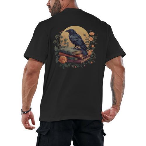 Raven Reading Book Occult Crow Cottagecore Botanical Flowers Men's Back Print T-Shirt - Bookorys DE