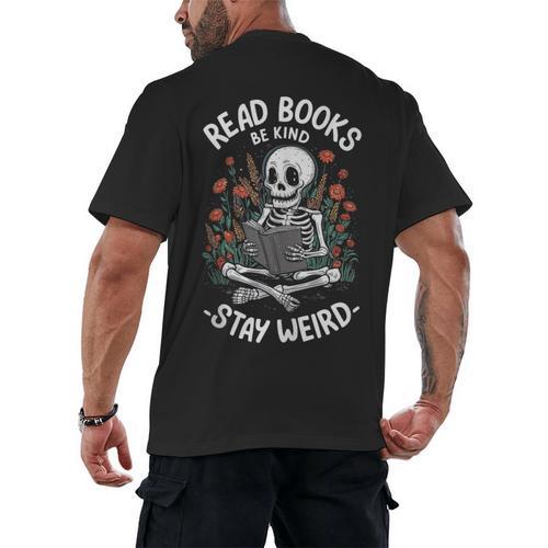 Read Books Be Kind Stay Weird Skeleton Reading Goth Flower Men's Back Print T-Shirt - Bookorys DE