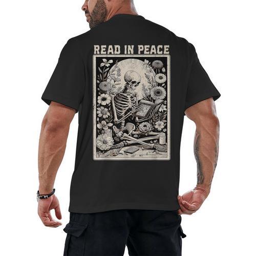 Read In Peace Skeleton Book Lover Bookworm Book Men's Back Print T-Shirt - Bookorys CA