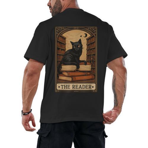 The Reader Cat Book Reading Halloween Tarot Card Men's Back Print T-Shirt - Bookorys AU