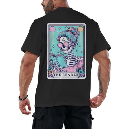The Reader Retro Reading Skeleton Books Flowers Tarot Card Men's Back Print T-Shirt - Bookorys DE