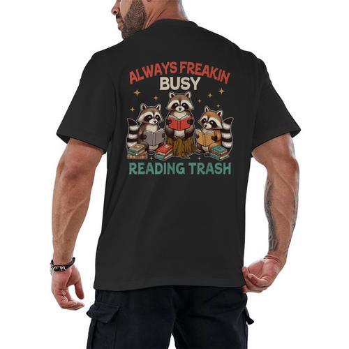 Reading Book Lover Racoon Always Freakin Busy Reading Trash Men's Back Print T-Shirt - Bookorys CA