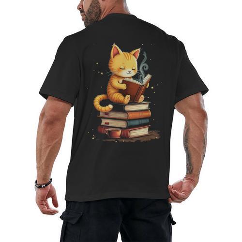 Reading Cat Books Cute Men's Back Print T-Shirt - Bookorys AU