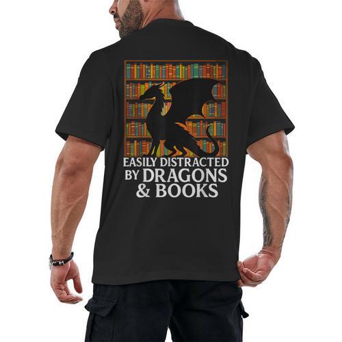 Reading Dragon Easily Distracted By Dragons And Books Men's Back Print T-Shirt - Bookorys