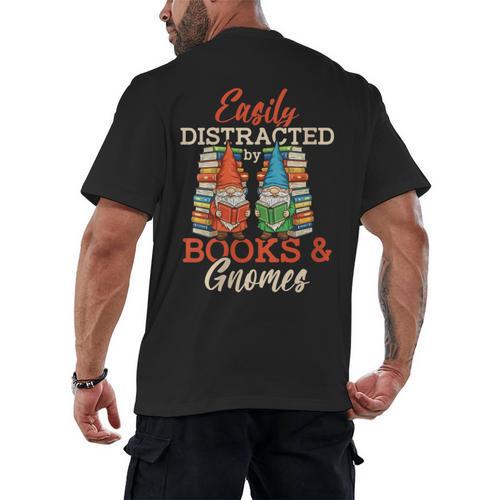 Reading Gnomes Cute Easily Distracted By Books And Gnomes Men's Back Print T-Shirt - Bookorys
