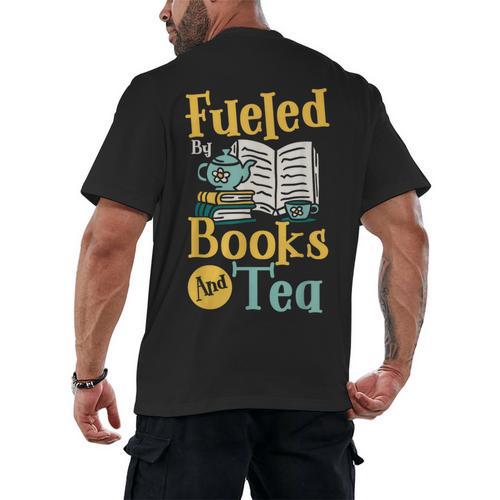 Reading Hobby Bookshelves Library Fueled By Books And Tea Men's Back Print T-Shirt - Bookorys