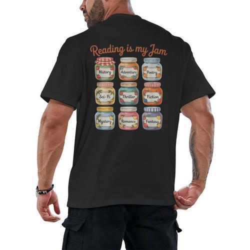 Reading Is My Jam Cute Jelly Jars Book Genres Men's Back Print T-Shirt - Bookorys