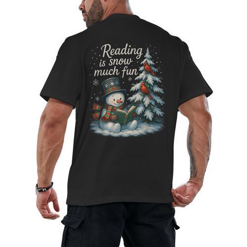 Reading Is Snow Much Fun Christmas Books Snowman Bookworm Men's Back Print T-Shirt - Bookorys