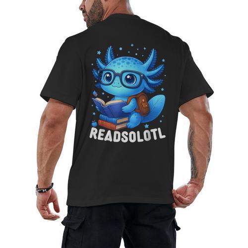 Readsolotl Blue Kawaii Axolotl Book Lover Reading Men's Back Print T-Shirt - Bookorys DE