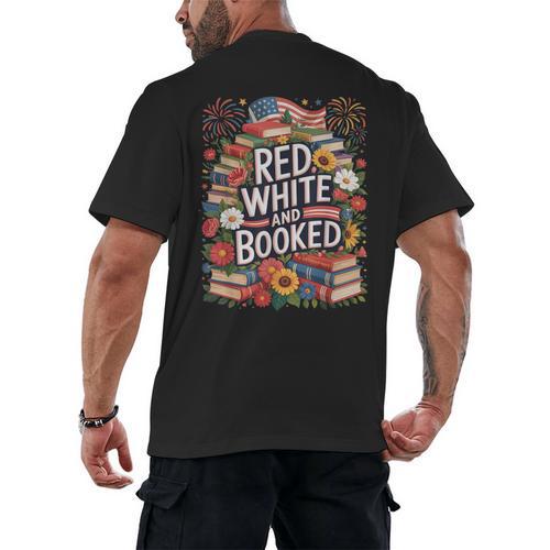 Retro Floral Red & Booked Library Reading 4th Of July Men's Back Print T-Shirt - Bookorys AU