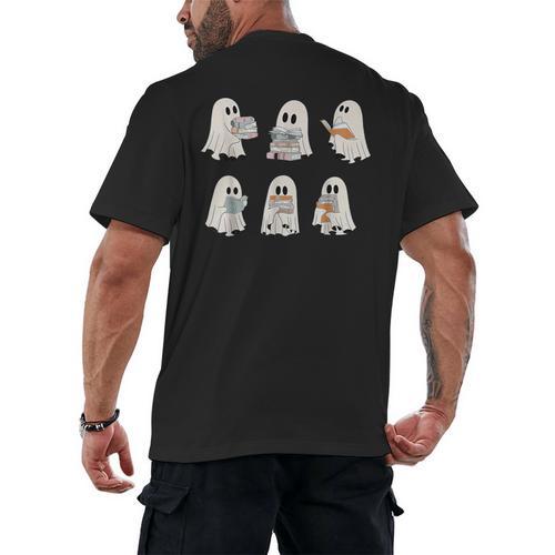 Retro Ghost Reading Books Halloween Bookish Ghost Bookworm Men's Back Print T-Shirt - Bookorys
