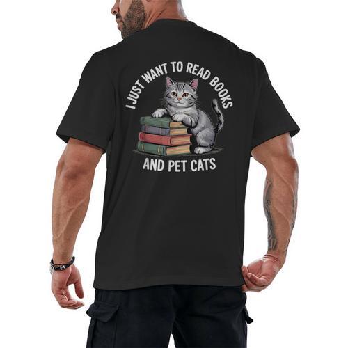 Retro I Just Want To Read Books And Pet Cats Men's Back Print T-Shirt - Bookorys DE