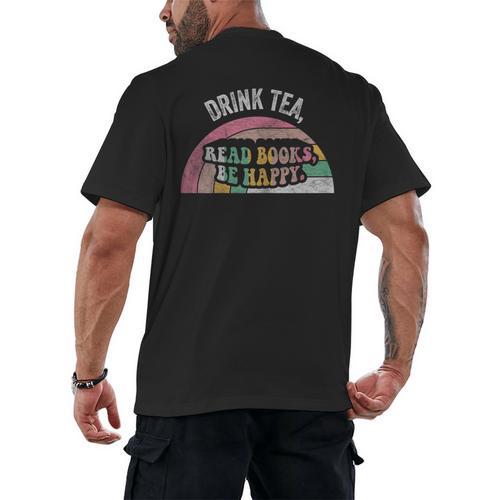 Retro Vintage Drink Tea Read Books Be Happy Reading Men's Back Print T-Shirt - Bookorys