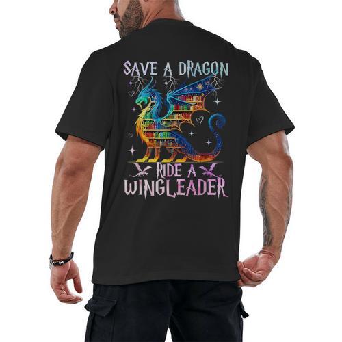 Save A Dragon Ride A Wingleader Books Dragon Lover Cute Men's Back Print T-Shirt - Bookorys