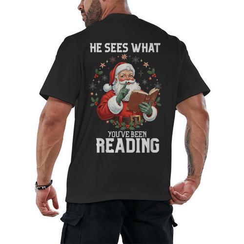 He Sees What You'Ve Been Reading Santa Book Lover Men's Back Print T-Shirt - Bookorys