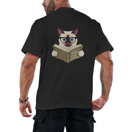 Siamese Cat Reading Book How To Train Your Human Humorous Men's Back Print T-Shirt - Bookorys UK