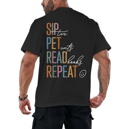 Sip Tea Pet Cats Read Books Repeat Book Cat Lover Men's Back Print T-Shirt - Bookorys AU