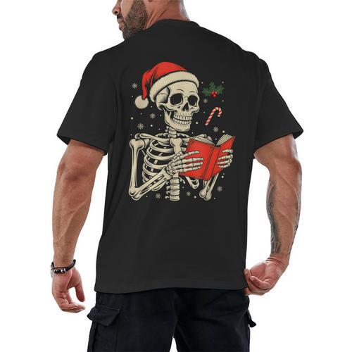 Skeleton Reading Book Christmas Teacher Librarian Book Lover Men's Back Print T-Shirt - Bookorys UK