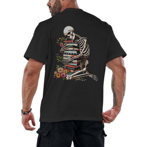 Skeleton Reading Book Halloween Bookworm Bibliophile Reader Men's Back Print T-Shirt - Bookorys