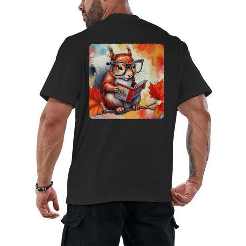 Squirrel Reading Comic Book On Autumn Branch Glasses Leaves Men's Back Print T-Shirt - Bookorys CA