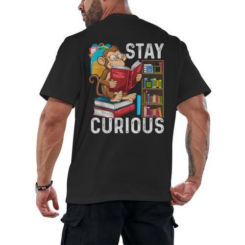 Stay Curious Monkey Reading Book Lover Bookworm Men's Back Print T-Shirt - Bookorys DE
