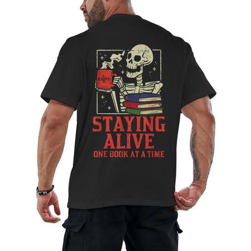Staying Alive One Book At A Time Skeleton Reading Librarian Men's Back Print T-Shirt - Bookorys
