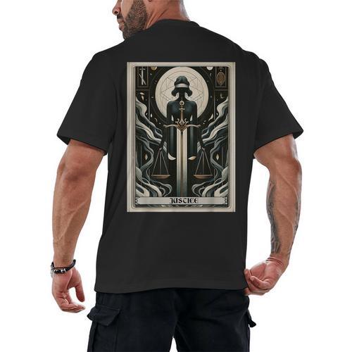 Tarot Cards Guide Book Esoteric Mysticism Clothing Tarot Card Justice Men's Back Print T-Shirt - Bookorys