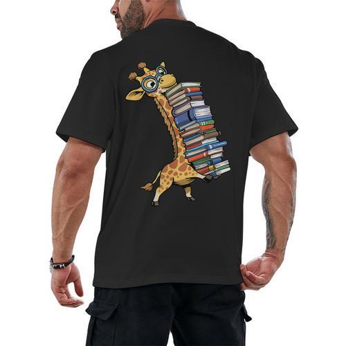 Teacher Shirt Giraffe Holding Books Bookworm Librarian Men's Back Print T-Shirt - Bookorys DE