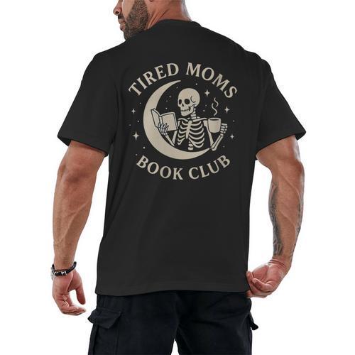 Tired Moms Book Club Skeleton Reading Books Moon Men's Back Print T-Shirt - Bookorys CA